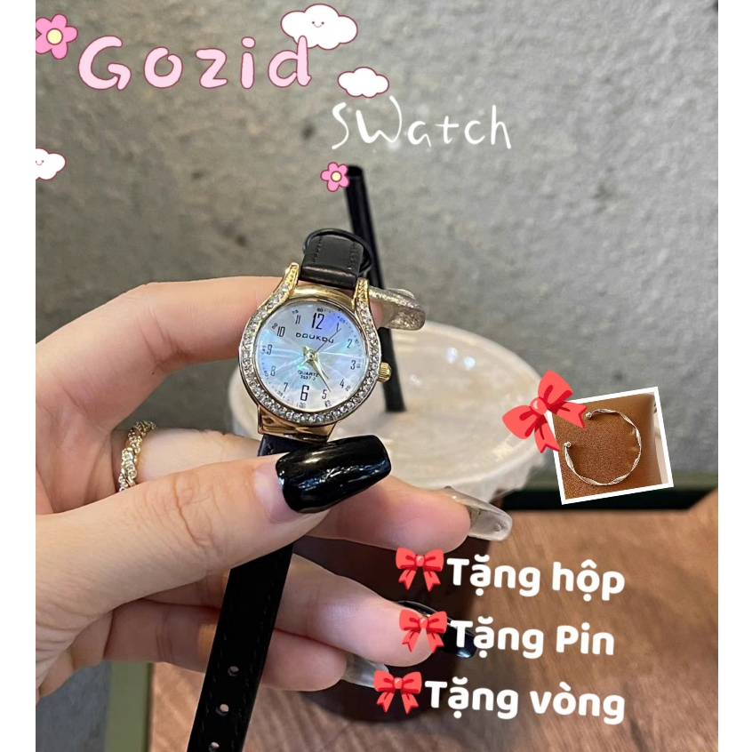 Đồng hồ nữ Doukao size 28mm nhỏ xinh dây da mềm tặng hộp tặng pin đi kèm