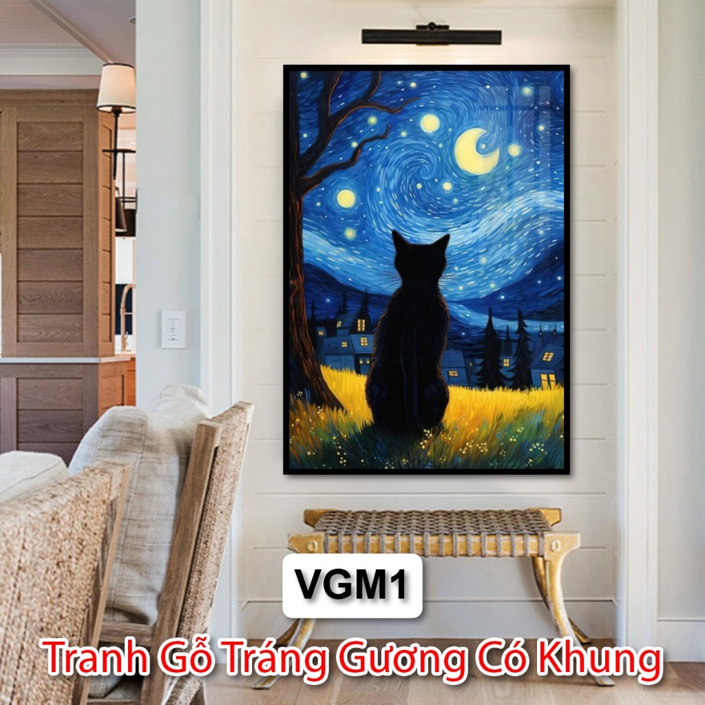 Tranh Mèo Van Gogh Nghệ Thuật Hiện Đại - Tranh Gỗ Tráng Gương Trang Trí Phòng Khách - Phòng Ngủ - Tr