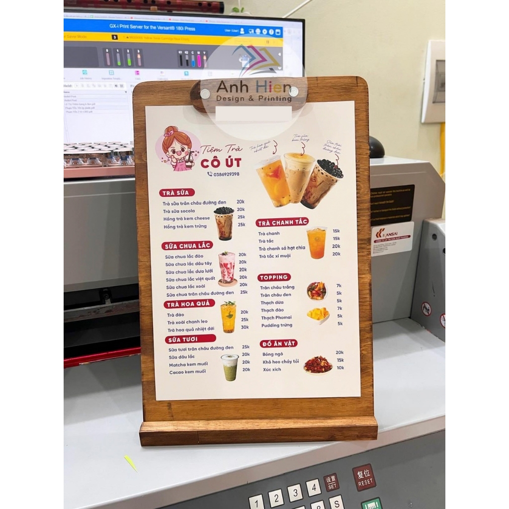 menu gỗ size A4, bảng gỗ kẹp menu a4, standee menu a4, menu gỗ để bàn, menu gỗ khắc logo