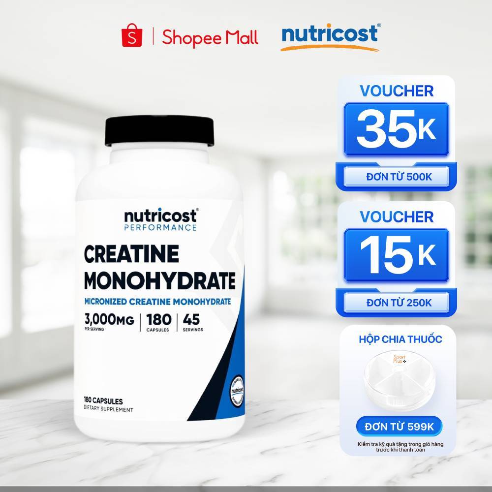 Viên uống tăng sức mạnh Creatine Nutricost Monohydrate của Mỹ (180 viên) gia tăng hiệu suất tập