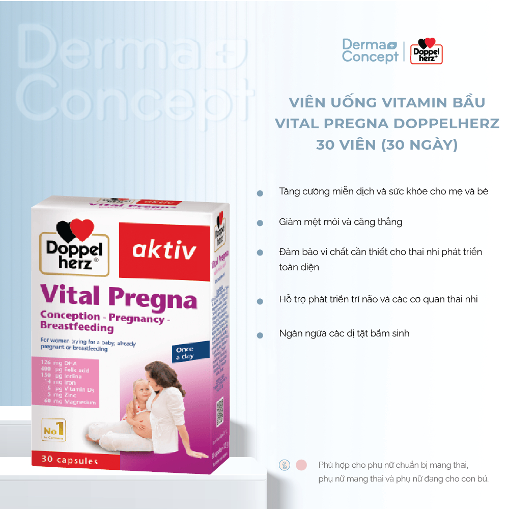 Viên uống vitamin bầu Vital Pregna Doppelherz bổ sung vitamin khoáng chất cho bà bầu hộp 3 vỉ x 10 viên