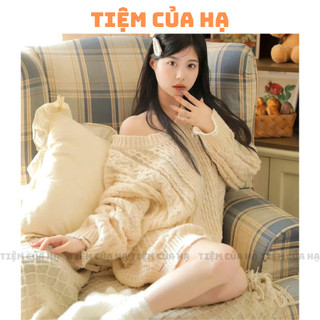   Có ảnh thật - Sẵn  Áo len trễ vai phong cách Hàn Quốc áo lên form rộng trễ vai 