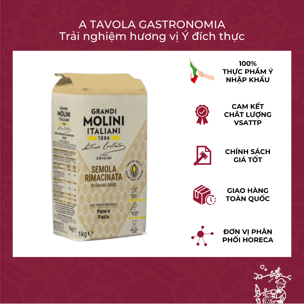 Bột Semolina Mịn GRANDI MOLINI ITALIANI làm pasta tươi, bánh mì gói 1Kg [Bột Semola Chính Hãng Italia]