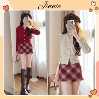  Set áo len tăm nữ tay dài mix chân váy ngắn kẻ đỏ tiểu thư thanh lịch ấm áp mùa noel thu đông 