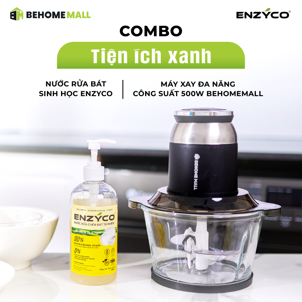 Combo Tiện Ích Xanh - Máy Xay Thịt Công Suất 500W BehomeMall và Nước Rửa Bát Sinh Học Enzyco