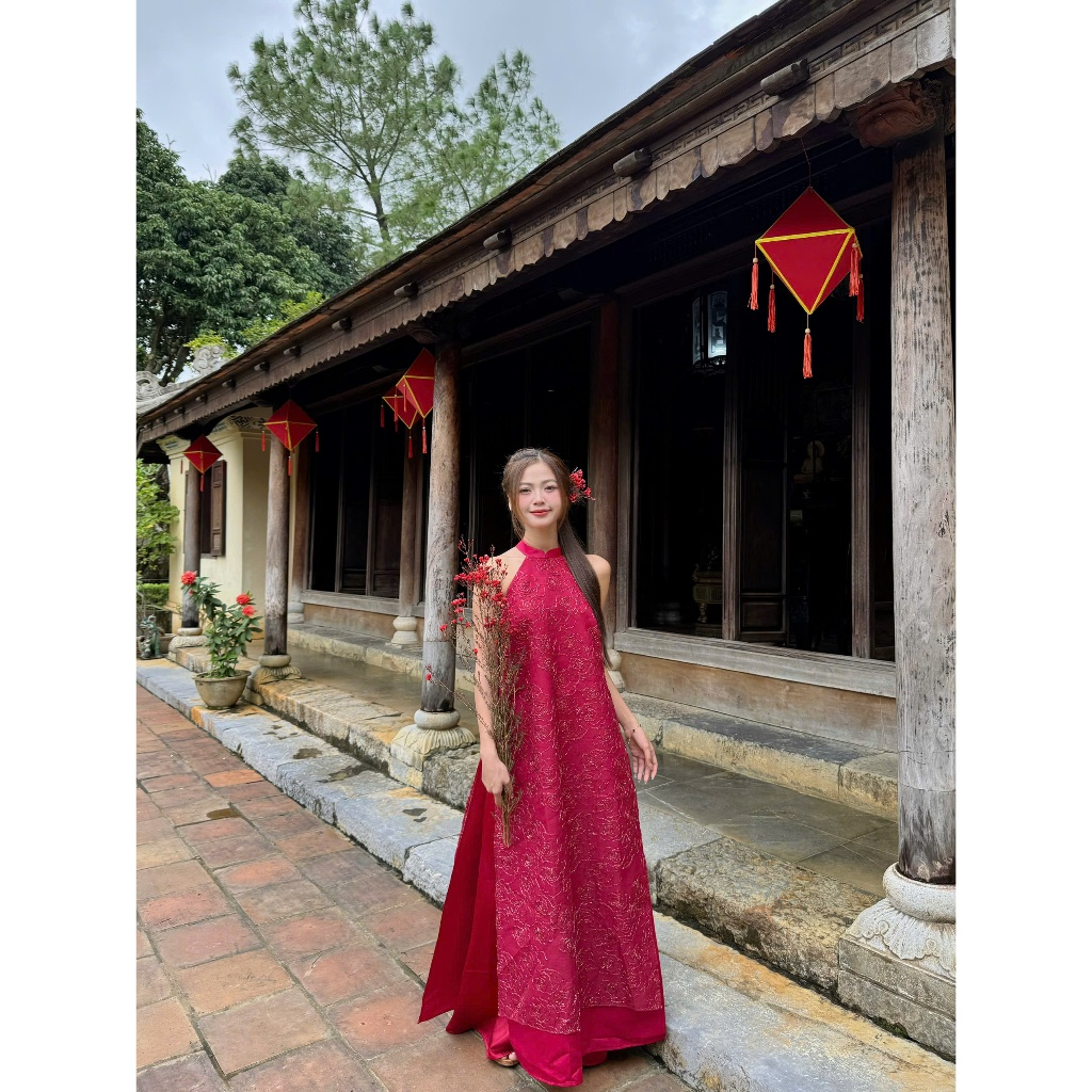  Áo Dài Nữ Cổ Yếm Voan Tơ Thêu Vân Hoa Hồng Dễ Thương   Không kèm quần  - UYỂN DƯ  - GOÛT DE JUN 