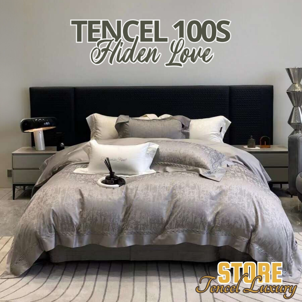 Bộ chăn ga Genji Decor Hiden Love chất liệu lụa tencel 100s màu xám đầy đủ kích thước đệm