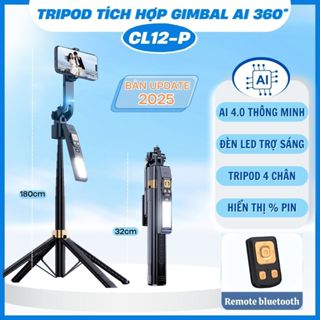 Gậy chụp ảnh 4 chân tích hợp gimbal AI CL12-P, Tripod xoay 360 tự động thông minh từ xa có đèn led