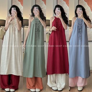 Set áo dài cách tân SP.209, Set áo dài cổ yếm cúc bọc không tay dáng suông chất đũi mềm - Shop Chấm Bi