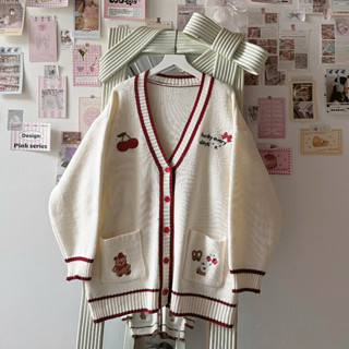 [ ẢNH THẬT ] ÁO CARDIGAN LEN CHERRY ĐỎ GẤU LUCKY FORM OVERSIZE