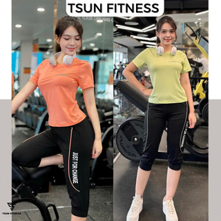 Bộ đồ thể thao tập gym yoga nữ quần lửng áo cộc tay chất thun mềm mại co dãn thoải mái Tsun Fitness