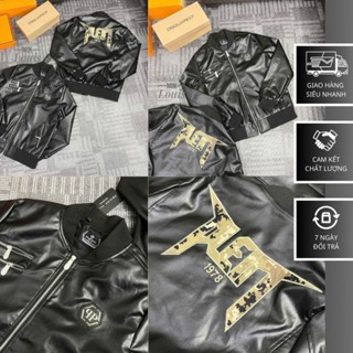   G1  Áo Khoác Da Bomber Philip plein Logo Thêu Phối 2 Khóa Trước Ngực Áo Khoác Bomber Chất Liệu Da Cao Cấp #Hot #2025 