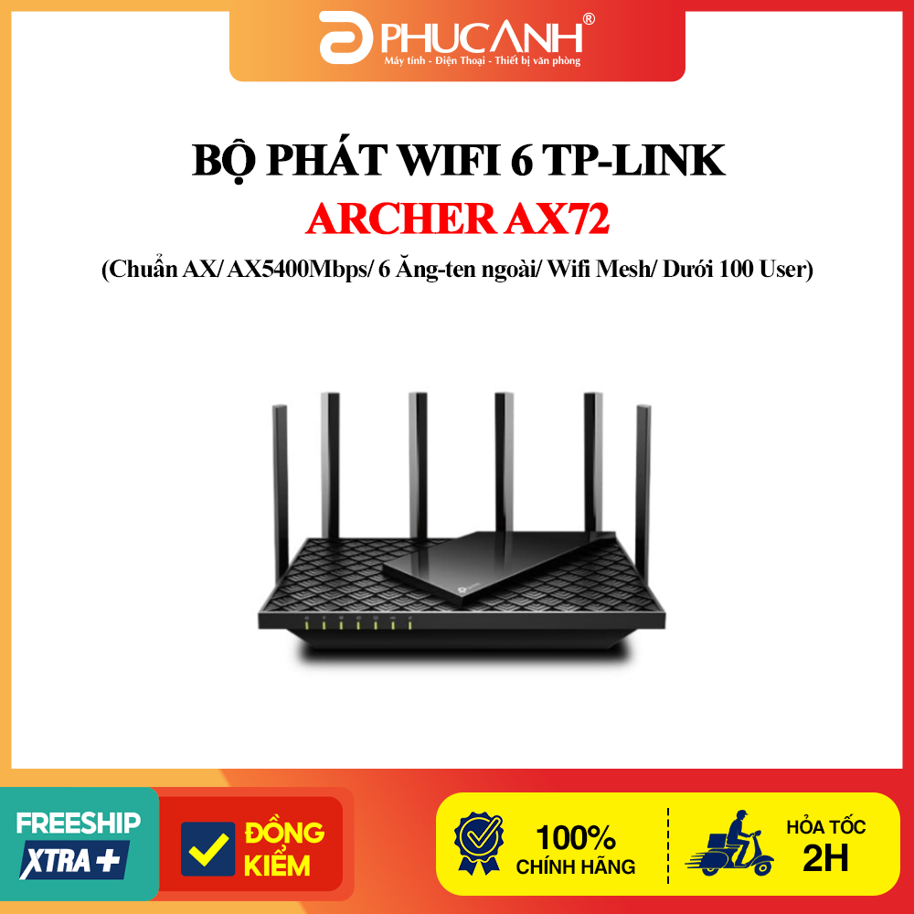 Bộ phát wifi 6 TP-Link Archer AX72 (Chuẩn AX/ AX5400Mbps/ 6 Ăng-ten ngoài/ Wifi Mesh/ Dưới 100 User)