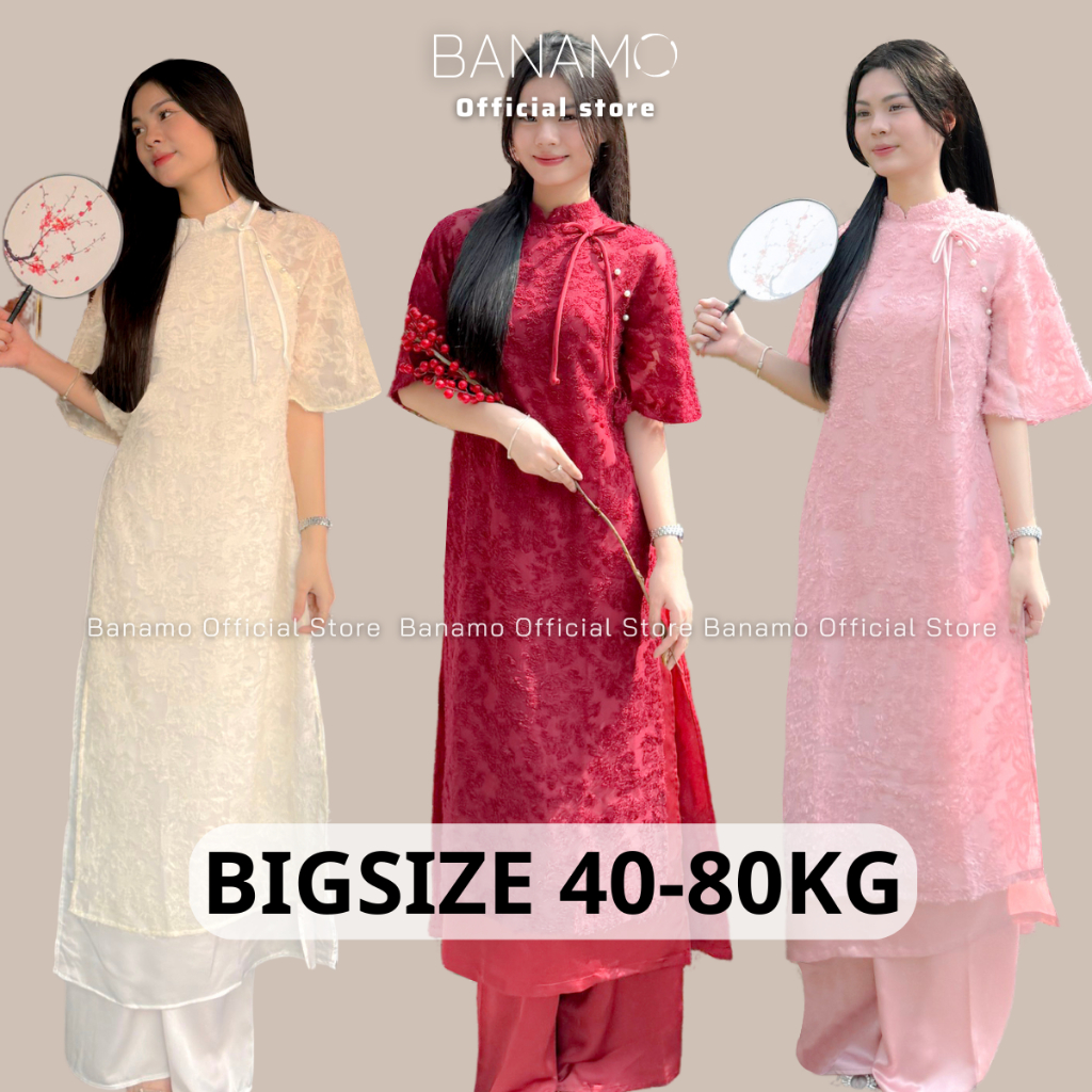 Áo dài nữ BIGSIZE Banamo Fashion áo dài cách tân lông vũ buộc nơ cách điệu gấm hoa tua rua kèm quần lụa 1936