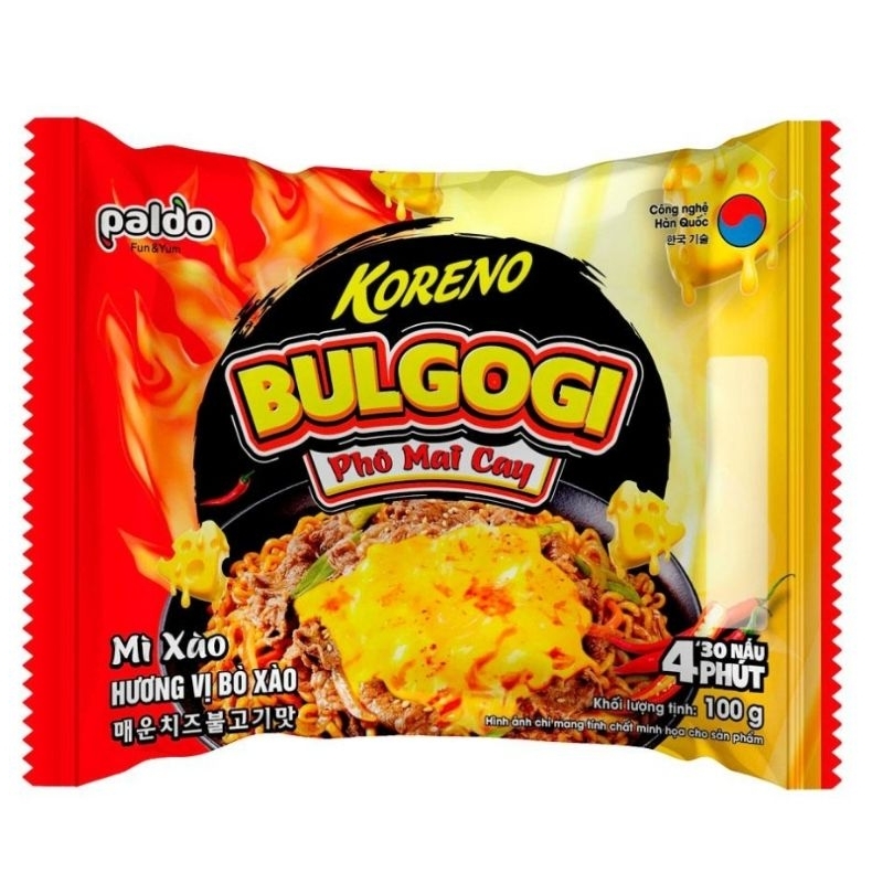 Lốc 10 gói Mì xào Koreno vị bò xào Bulgogi phô mai cay gói 100g
