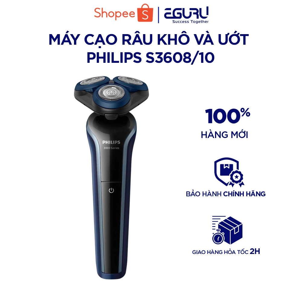 Máy cạo râu khô và ướt Philips S3608, an toàn cho da, bảo hành 2 năm | Hàng chính hãng