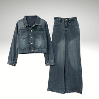  Sét Jean B102 Áo Tay Dài Khuy Bấm Cổ Đức Quần Cạp chun sau Khuy Trước Dành Cho Nữ Chất Jean Mềm Size S M L Xl 