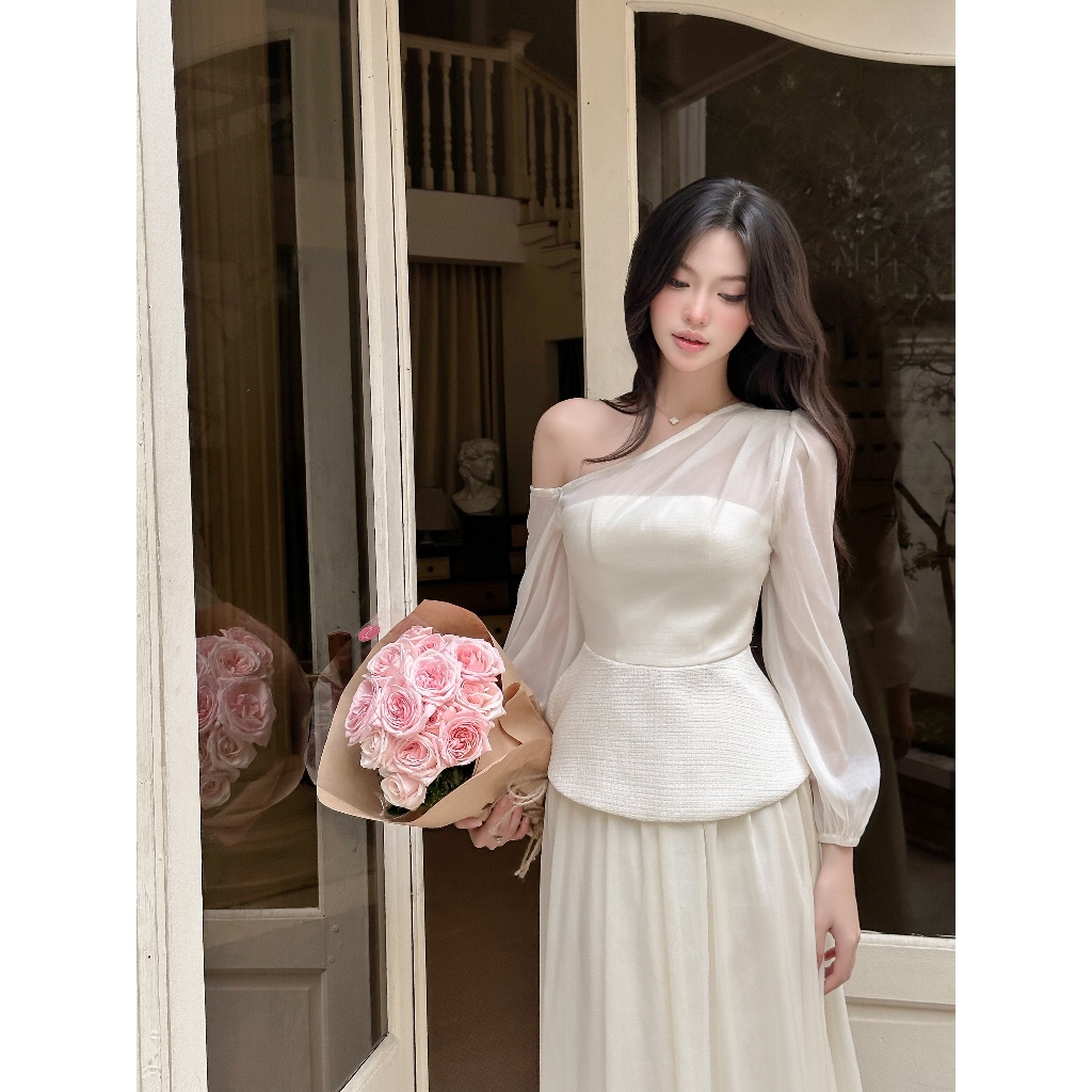  Áo Trễ Vai Tweed Nữ ELYSNIE Phối Tơ Ánh Phong Cách Thanh Lịch Scarlet Shirt 