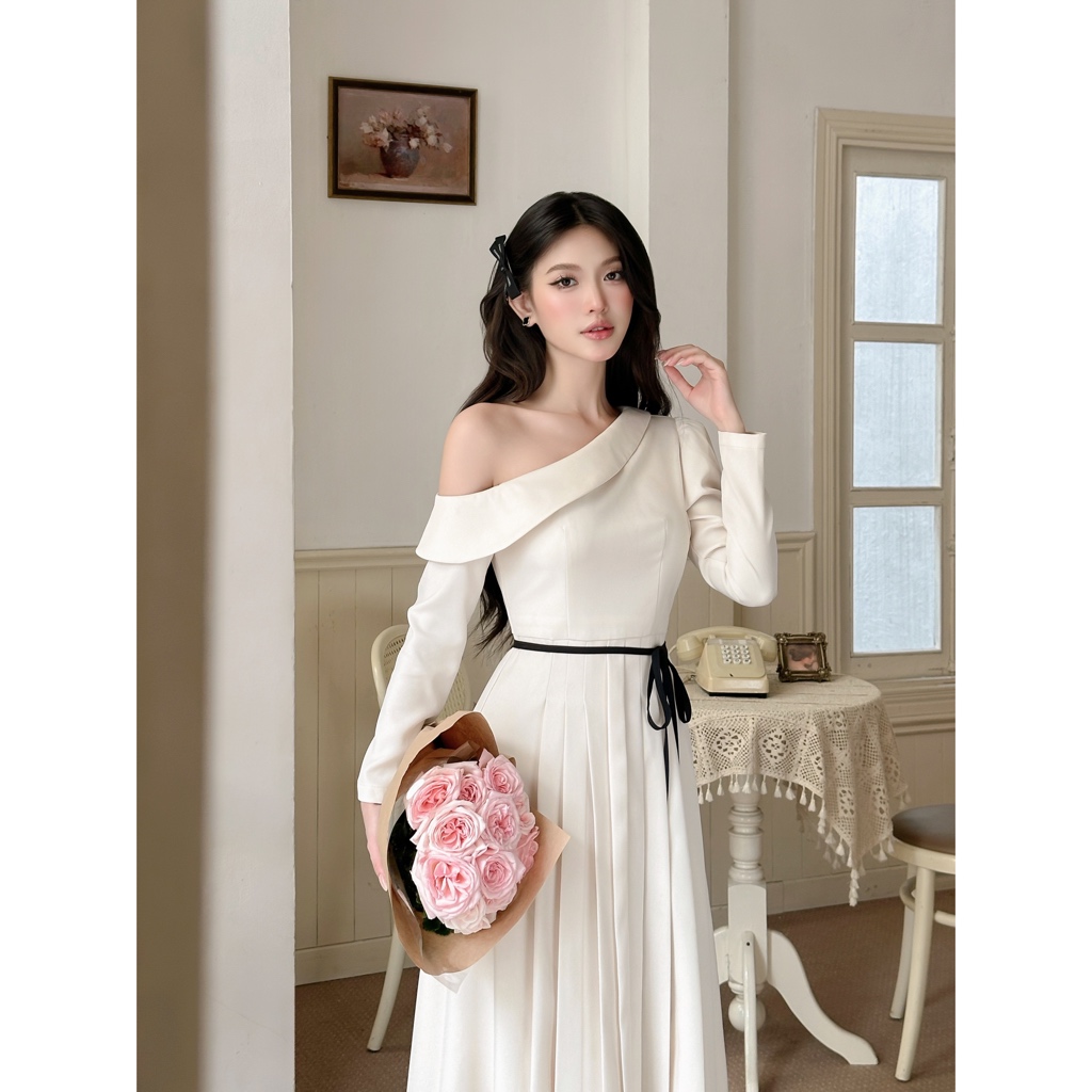 Váy Đầm Nữ Dài Trễ Lệch Một Bên Dài Tay ELYSNIE Xếp Li Phong Cách Thanh Lịch Amelia Dress