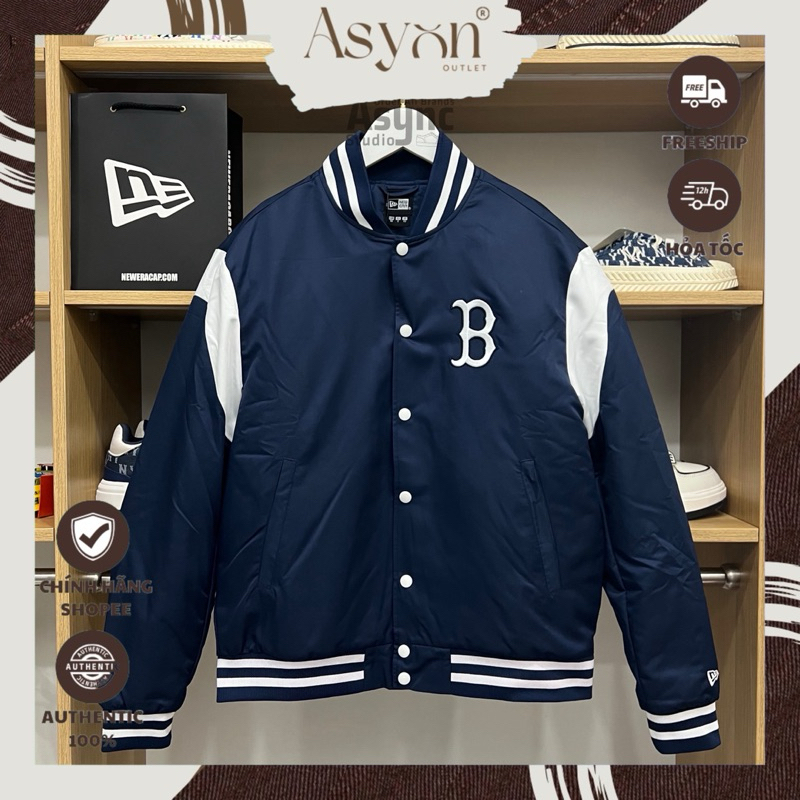 (Auth) Áo Khoác Bomber New Era x MLB Boston Logo Thêu Vải Dù Lót Bông Màu Navy Viền Trắng CODE: 1411