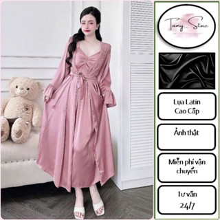 [<65Kg] Set Đầm Ngủ TAMY Dáng Dài 2 Dây Sexy Ren Bụng Kèm Áo Choàng Lụa Tay Loe Thướt Tha Chất Lụa Latin Mềm Mịn