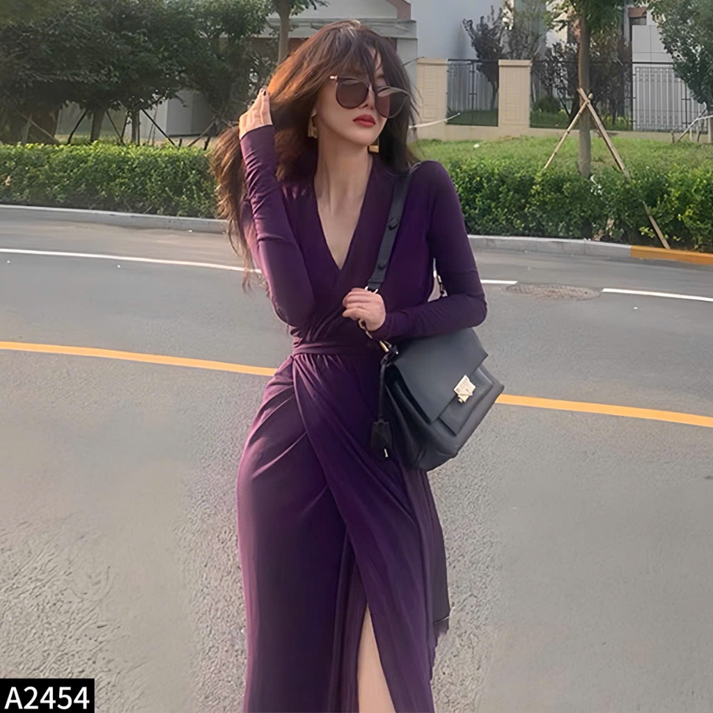 Đầm thun body Cati xẻ trước nhún ngực hông be/tím/đỏ A2454