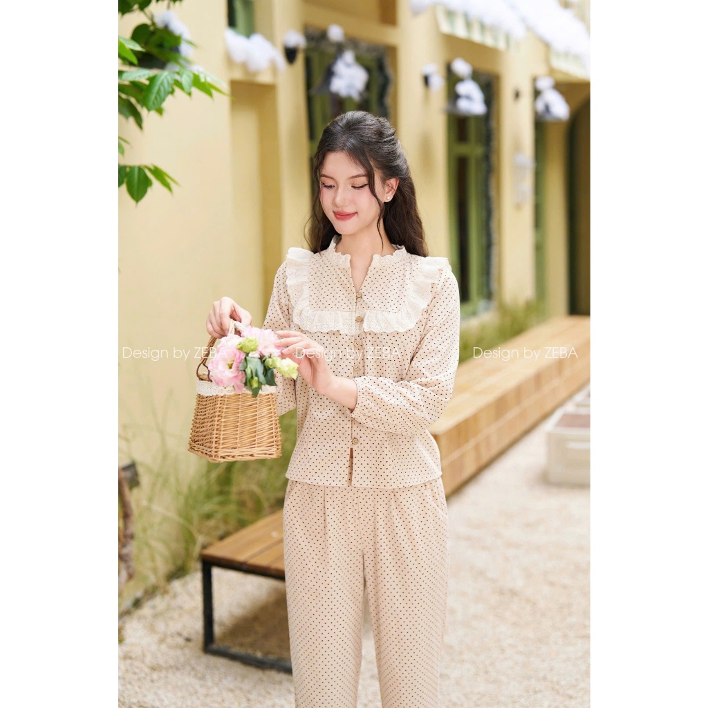 Set đồ nữ ZEBA bộ mặc nhà Nhung thô Hàn phối ren M3228