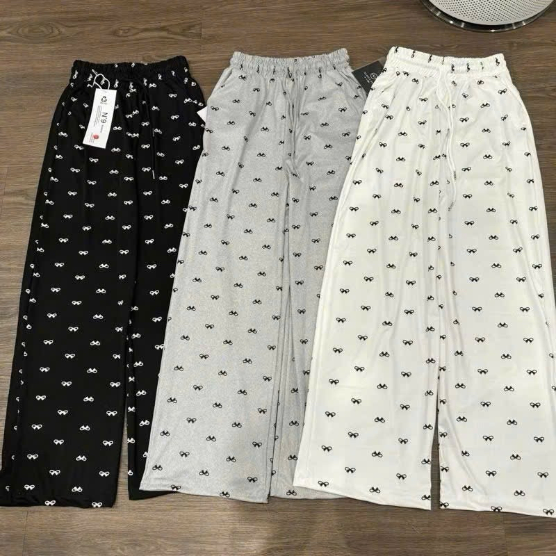 Quần Suông Ống Rộng Hoạ Tiết Nơ Siêu Xinh Mát Mẻ, Quần Nữ Suông Ống Rủ Lưng Chun Hoạ Tiết Nơ