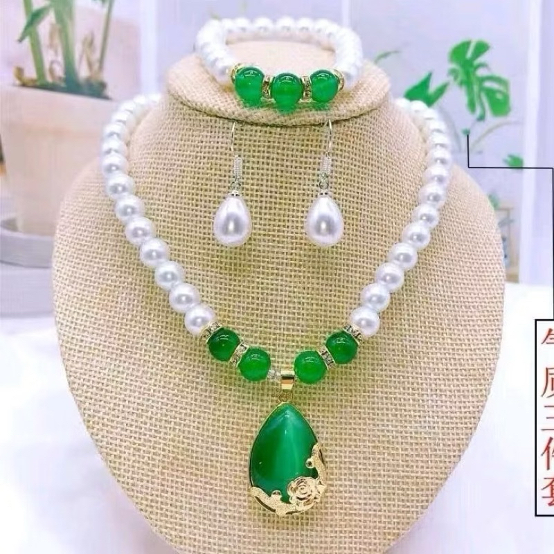 BỘ 3 MÓN vòng tay bông tai dây cổ NG.ỌC TR.AI TỔNG HỢP