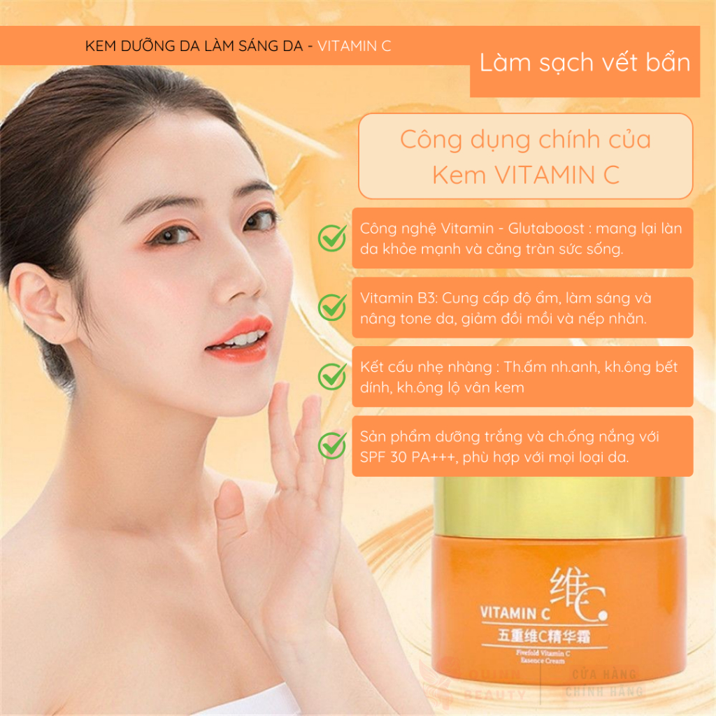 Kem Dưỡng Làm Sáng Da Vitamin C - Kem Lười Vitamin C Giúp Đều Màu, Trẻ Hóa Da, Chống Nắng SPF 30 PA+++