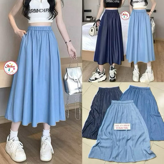  Chân váy bò -jean lụa xoè dài midi có túi mềm mát Quảng Châu 