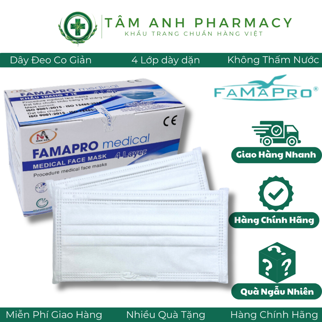 [Hộp 50 Cái] Khẩu trang y tế Famapro 4 lớp giấy kháng khuẩn, lọc bụi mịn và chống nắng hàng cao cấp