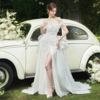 Đầm cô dâu váy cưới váy đi bàn kim sa đính cườm đuôi cá xẻ đùi cao cấp MiJina