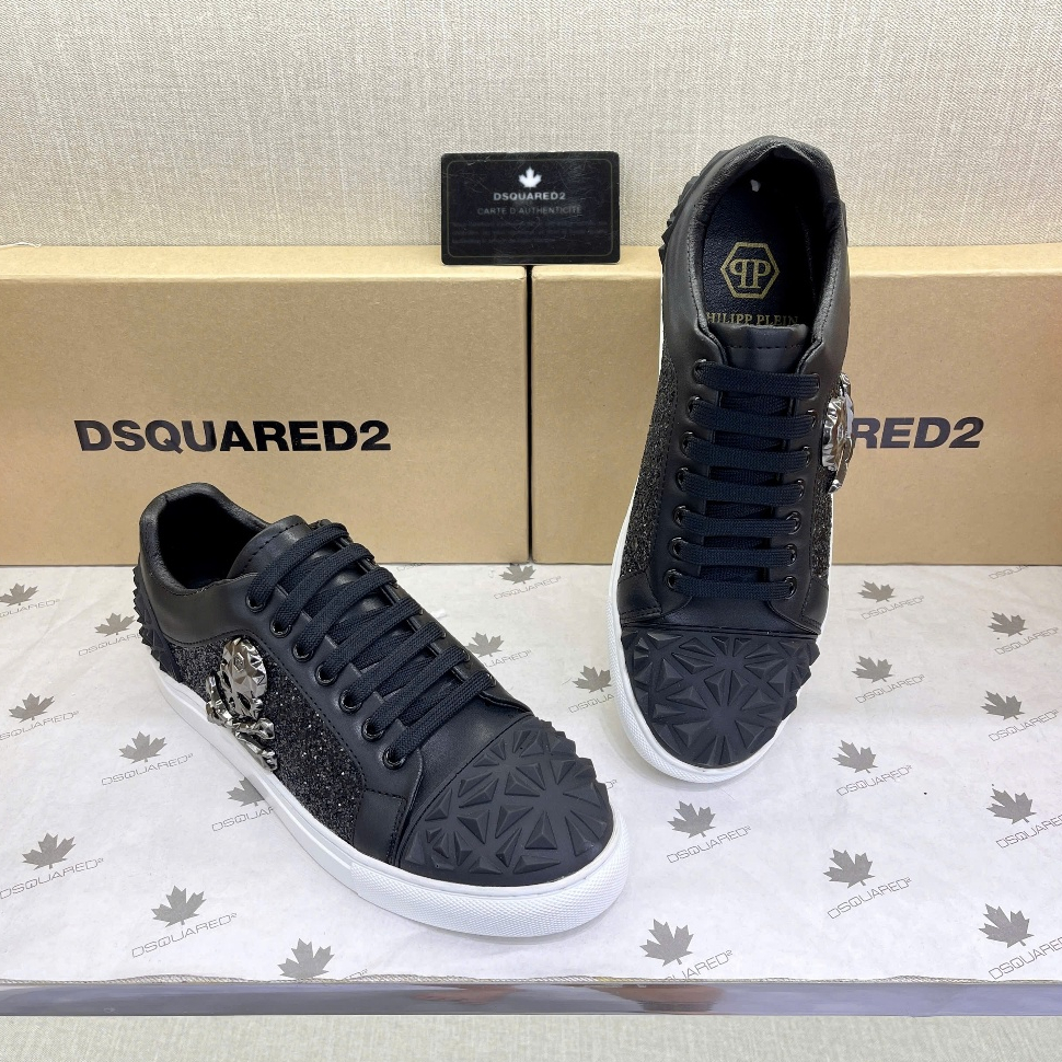 Giày thể thao sneaker nam nữ Philipp Plein kim tuyến tag đầu lâu sắt phối mũi cao su nổi khối 3D GS158P