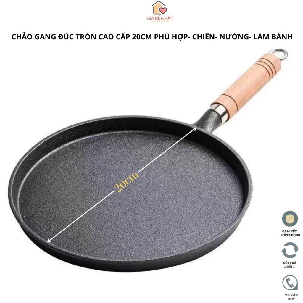 Chảo gang đúc nguyên khối cao cấp đường kính 20cm chống dính tự nhiên phù hợp chiên làm bò bít tết
