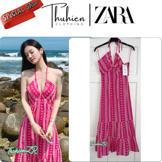 THUHIENZR(sẵn XS)Váy midi ZARA 3583/931/630 hồng đậm thêu hoa nhí dây cổ(kèm ảnh thật)