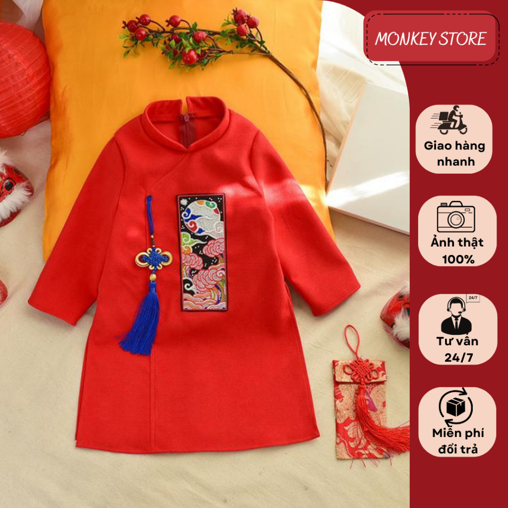 Áo dài bé trai Monkey kids chất liệu Nhung Hàn, áo dài cách tân thêu Phượng Vũ, áo dài tết cho bé tr
