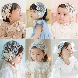  Turban chùm đầu cho bé Khăn Ren Băng đô đeo đầu cho bé chất Mỏng nhẹ màu trắng kem phong cách công chúa 