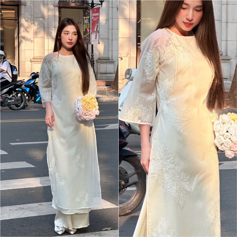 Set Áo Dài Hoa Thiêu ( kèm quần Lụa )