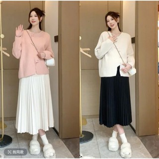 Chân váy bầu dài xếp ly nhỏ, vải Chéo Thái có đáp bụng mềm kèm chun chỉnh bụng