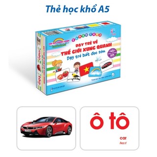 Thẻ học To khổ A5-15x21cm (Bìa Xanh Trắng) ép màng Không Thấm nước, Dạy bé về TGXQ 16 chủ đề 120 thẻ