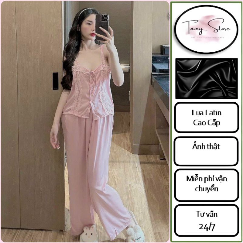 Set đồ ngủ Áo 2 dây nút ngọc siêu cute & Quần dài lụa - Freesize