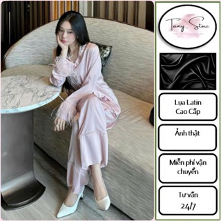 Đồ Ngủ Nữ, Đồ Bộ Mặc Nhà TAMY Pijama Tay Dài Phối Lông Vũ Suông Chất Lụa Latin Cao Cấp - Freesize