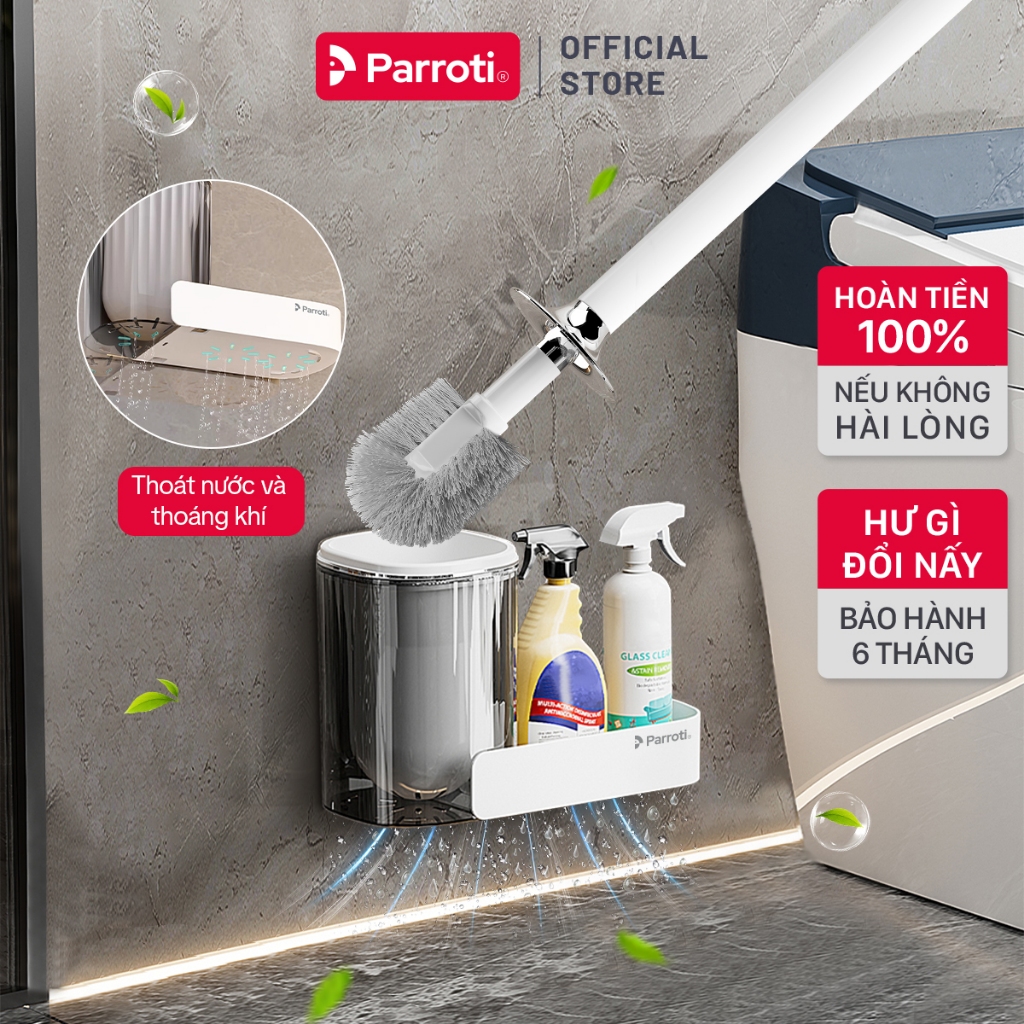 Cây Cọ Bồn Cầu Thông Minh 2 Trong 1, Dán Tường, Có Khay Đựng Nước Tẩy Rửa, Đầu Cọ Cước Mềm Parroti  