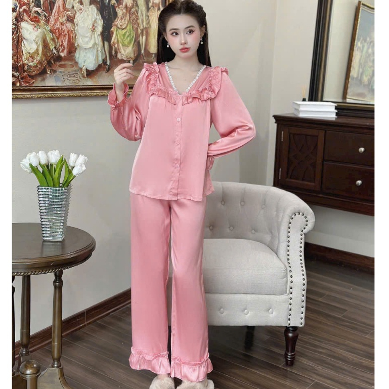 [Bigsize 50-100kg] Đồ Bộ Pijama Tay Dài Phối Ren Đồ Mặc Nhà Cho Chị Em Mũm Mĩm bigsize xinh