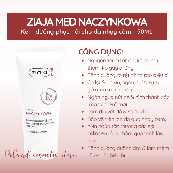 Kem dưỡng Ziaja Med Naczynkowa 50ML Dưỡng Ẩm, Phục Hồi, Giúp Làm Dịu Da, Giảm Kích Ứng