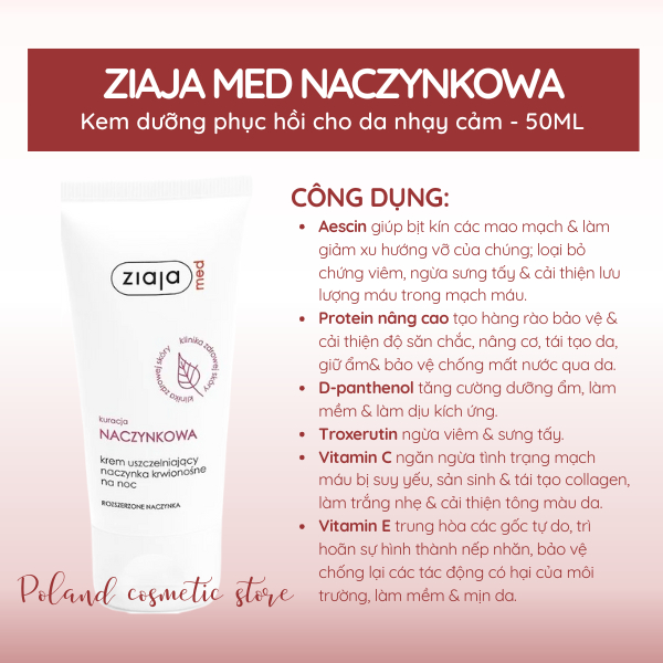 Kem dưỡng Ziaja Med Naczynkowa 50ML Dưỡng Ẩm, Phục Hồi, Giúp Làm Dịu Da, Giảm Kích Ứng