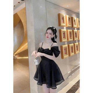  Đầm váy dự tiệc chất tơ ánh kim 2 dây trễ vai cúp ngực dáng xòe ngắn có lót thiết kế tiểu thư kèm phụ kiện 