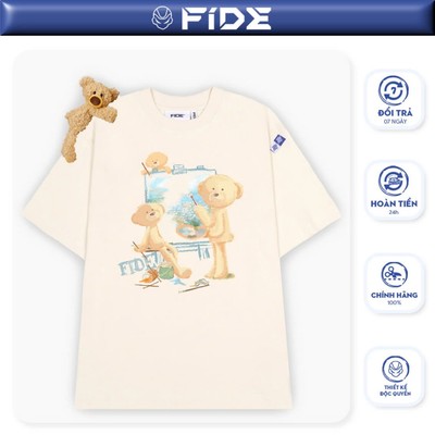 Áo thun FIDE TEEDY phông cotton unisex nam nữ form rộng cổ tròn áo đính gấu - AT60(TẶNG KÈM GẤU)