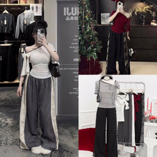 ( Chuẩn Hàng L1 3 Màu ) Set Áo Thun Gân Trắng Trễ Vai Ôm Dáng Viền Ren Đen Cột Nơ To Mix Quần Dài Lưng Chun Ống Rộng